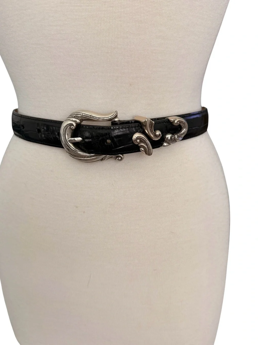 Vintage Coldwater Creek Croc Black Leather Belt with Decorative Silver Buckle S